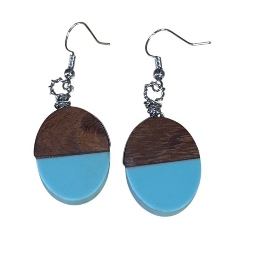 Wood and Blue Resin‎ Oval Drop Earrings Silver Tone French Wire Boho Dangle